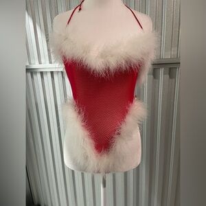 NWT Vintage Deadstock Shirley Of Hollywood Red Mesh Feather Trim Bodysuit Small